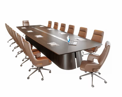 Modern Dark Conference Table With Light Brown Rolling Office Chairs And Notebooks 3d model