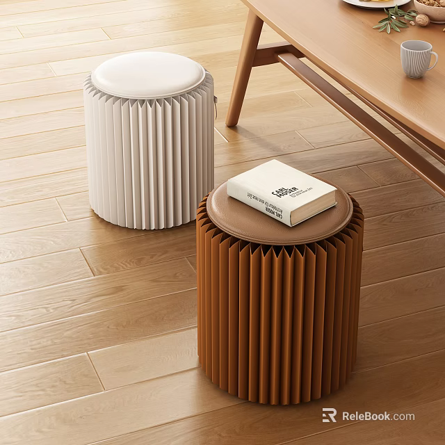 Modern Pleated White And Brown Stools With A Book On Wooden Floor 3d model 