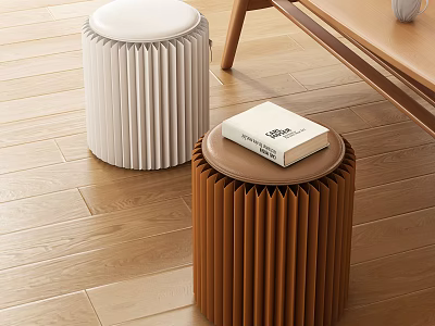 Modern Pleated White And Brown Stools With A Book On Wooden Floor 3d model