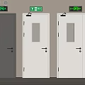Fire Safety Equipment With Three Emergency Exit Doors Green Exit Signs And Red Extinguisher