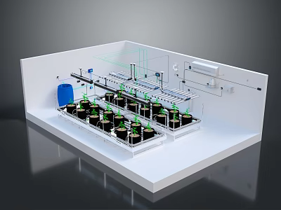 Laboratory Workstation Interior With Black Bottles Green Components Metal Racks And Blue Barrel 3d model