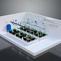 Laboratory Workstation Interior With Black Bottles Green Components Metal Racks And Blue Barrel
