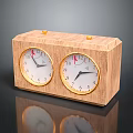 Wooden Dual Round Dial Clocks With Golden Borders On Reflective Surface 3d model