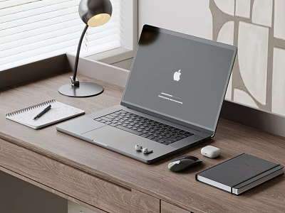 Apple MacBook On Wooden Work Desk With Lamp Notebook Mouse And Accessories 3d model