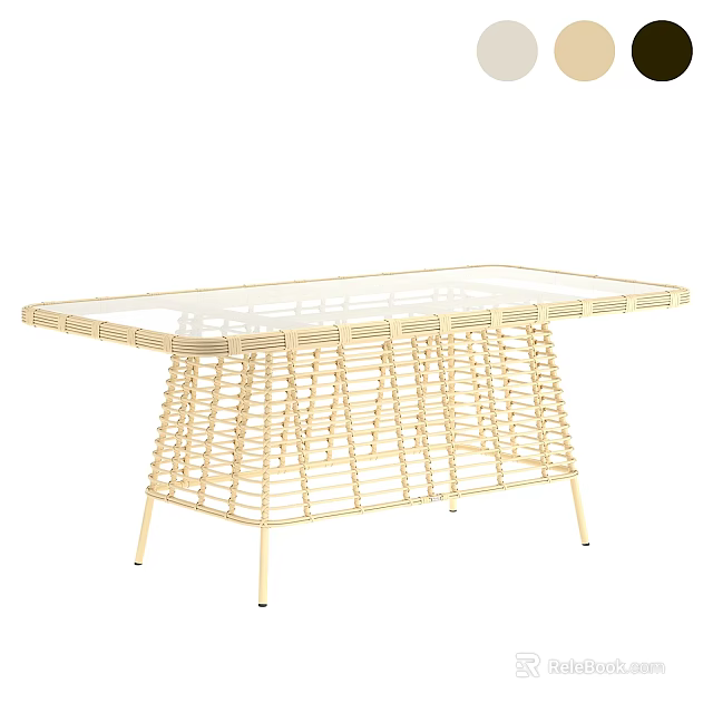 Modern Rattan Dining Table with Glass Top and Woven Metal Frame Design 3d model 
