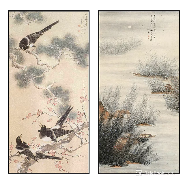 Traditional Chinese Ink Paintings With Swallows Plum Blossoms Moonlit Landscape And Boat 3d model 