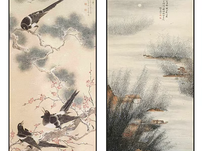 Traditional Chinese Ink Paintings With Swallows Plum Blossoms Moonlit Landscape And Boat 3d model