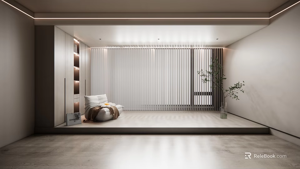 Modern Minimalist Living Room Interior Design With White Sofa Vertical Striped Partition And Green Plant 3d model 