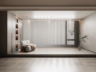 Modern Minimalist Living Room Interior Design With White Sofa Vertical Striped Partition And Green Plant 3d model