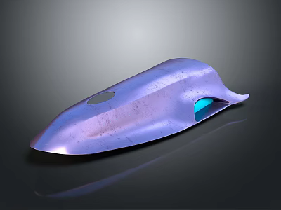 Modern Metallic Purple Streamlined Object With Circular Hole And Blue Glowing Interior On Black Surface 3d model