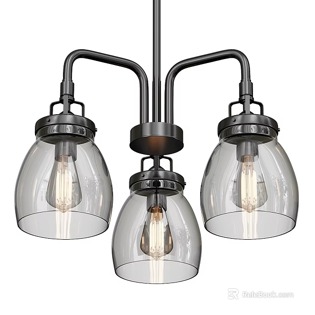 Modern Three Light Chandelier With Clear Glass Shades And Dark Metal Frame 3d model 