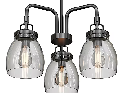 Modern Three Light Chandelier With Clear Glass Shades And Dark Metal Frame 3d model