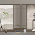 Japanese Style Bamboo Screen Room Divider With Mountain Pattern And Decorative Plants