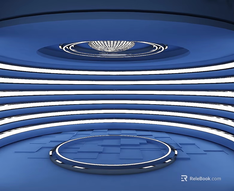 Modern Blue Swing Door in Sleek Interior with Circular LED Lighting and Geometric Design 3d model 