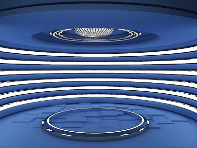 Modern Blue Swing Door in Sleek Interior with Circular LED Lighting and Geometric Design 3d model