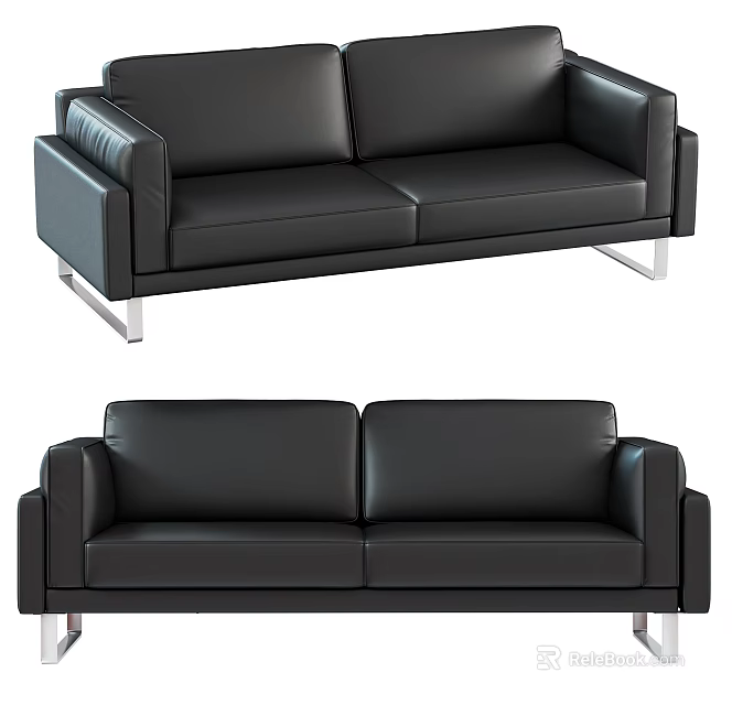 Modern Black Leather Three Seater Sofa With Metal Legs Design 3d model 
