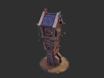 Garden Landscape Featuring Multi Story Wooden Tower With Blue Roof Tiles And Hanging Decorations 3d model