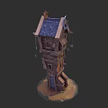 Garden Landscape Featuring Multi Story Wooden Tower With Blue Roof Tiles And Hanging Decorations