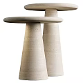 Elegant Two Round Top Side Tables With Tapered Creamy Stone Bases