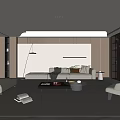 Modern Living Room Interior With Sofa Coffee Table Floor Lamp Striped Rug And Wall Paneling