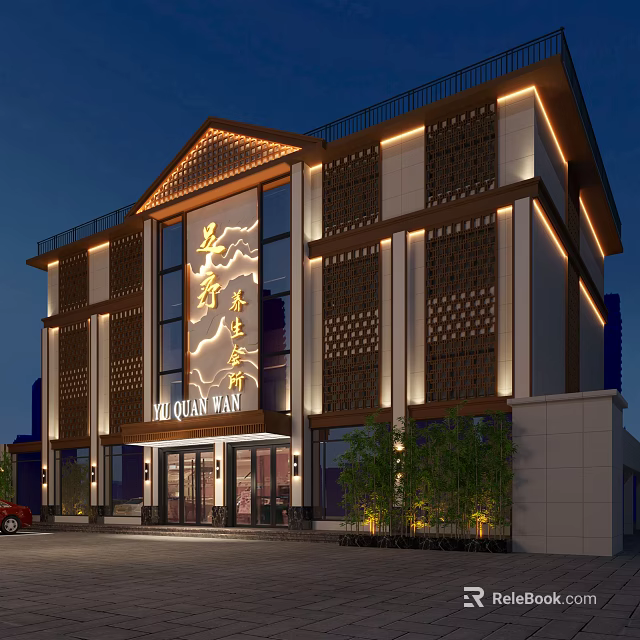 Chinese Style Storefront With Traditional Grilles Modern Lighting And Green Plants Decoration 3d model 