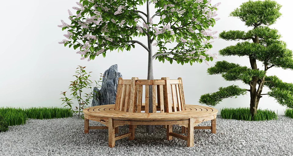 Wooden Circular Outdoor Chair Surrounding Tree with Greenery Rock Grass and Gravel Ground 3d model 