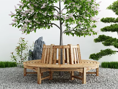Wooden Circular Outdoor Chair Surrounding Tree with Greenery Rock Grass and Gravel Ground 3d model