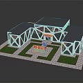 Geometric Exhibition Building Featuring White Frame Blue Glass Black Roof And Green Lawn