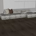 Modern Sectional Sofa With Plaid Pattern Brown Beige Cushions White Ribbed Wall Wooden Floor