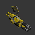 Futuristic Dual Barrel Weapon with Yellow Silver Design and Detailed Top Mounted Part