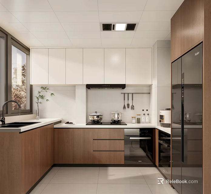 Modern Kitchen With Cooking Pots Kettle White Wooden Cabinets Countertop Range Hood Refrigerator Window Plant 3d model 
