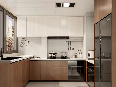 Modern Kitchen With Cooking Pots Kettle White Wooden Cabinets Countertop Range Hood Refrigerator Window Plant 3d model