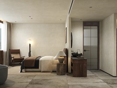 Modern Hotel Room Interior Design With Comfortable Bed Wooden Nightstand And Cozy Armchair 3d model