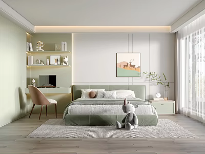 Modern Kids Room Interior With Bed Stuffed Toy Desk Chair Bookshelf And Rug 3d model