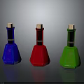 Colorful Conical Bottles With Wooden Corks And Reflections On Gray Background