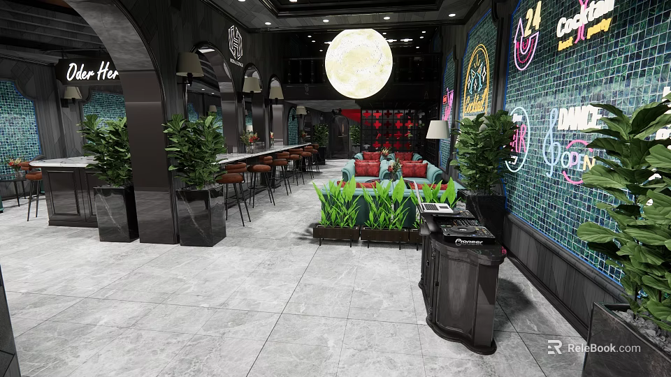 Modern Bar Interior Design With Neon Signs Round Moon Decoration Green Plants And Red Sofas 3d model 
