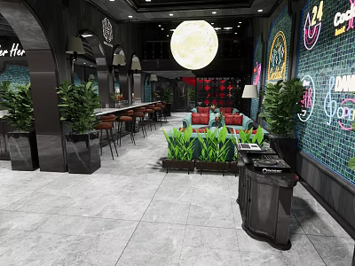 Modern Bar Interior Design With Neon Signs Round Moon Decoration Green Plants And Red Sofas 3d model