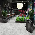 Modern Bar Interior Design With Neon Signs Round Moon Decoration Green Plants And Red Sofas