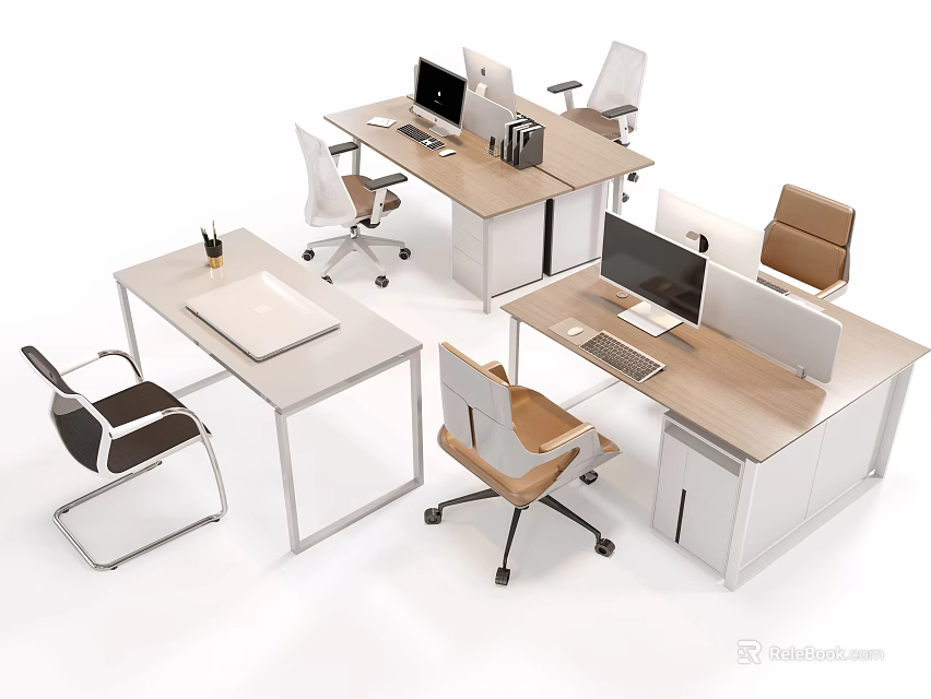 Modern Office Desk and Chair Sets with Wooden Tops Metal Frames and Office Supplies 3d model 