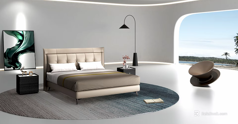 Modern Double Bed Featuring Beige Headboard Round Rug Floor Lamp and Scenic Sea View Window 3d model 