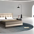 Modern Double Bed Featuring Beige Headboard Round Rug Floor Lamp and Scenic Sea View Window