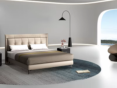 Modern Double Bed Featuring Beige Headboard Round Rug Floor Lamp and Scenic Sea View Window 3d model