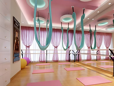 Fitness Studio With Aerial Yoga Hammocks Pink Mats Ballet Barres And Mirrors 3d model