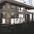 Modern Café Outdoor Seating Area With Umbrella Tables Bar Counter And Chairs