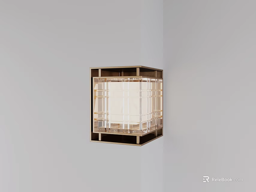 Modern Square Wall Light With Brass Metal Frame And Transparent Shade On Gray Corner Wall 3d model 