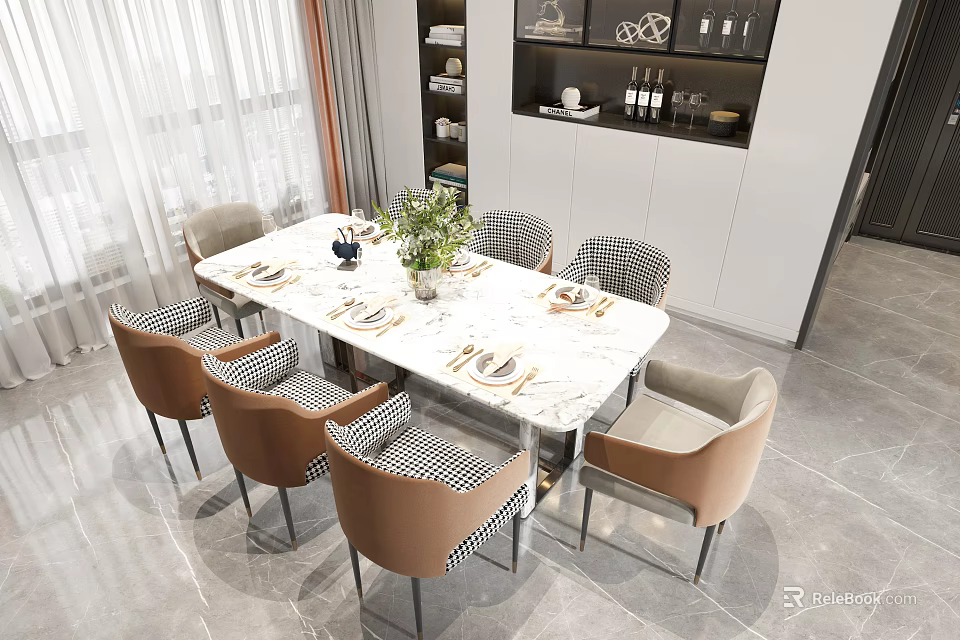 Modern Dining Table Set With Marble Top And Mixed Style Chairs In Bright Interior 3d model 