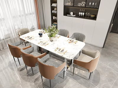 Modern Dining Table Set With Marble Top And Mixed Style Chairs In Bright Interior 3d model