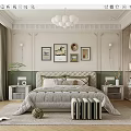 Elegant Modern Bedroom Interior With Bed Framed Artworks Chandelier Nightstands And Wardrobe