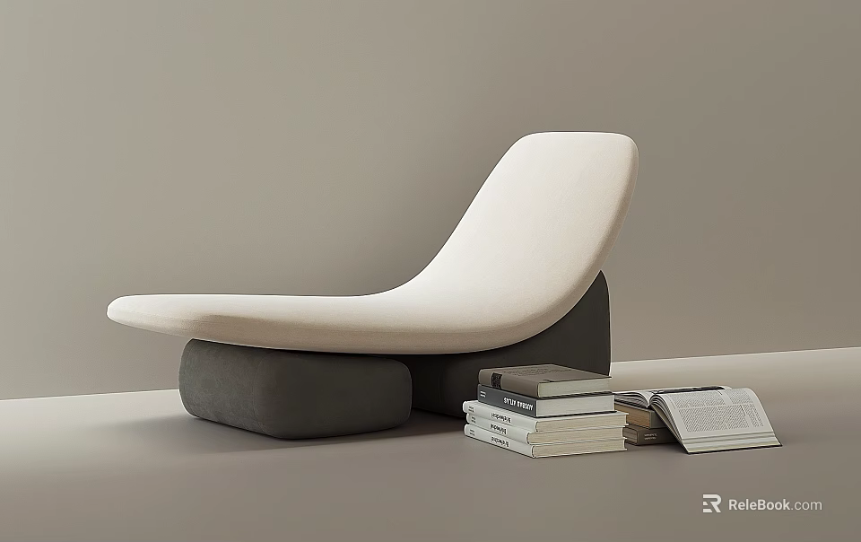 Modern White Curved Lounge Chair with Gray Base and Stacked Books in Interior 3d model 