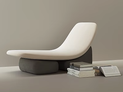 Modern White Curved Lounge Chair with Gray Base and Stacked Books in Interior 3d model